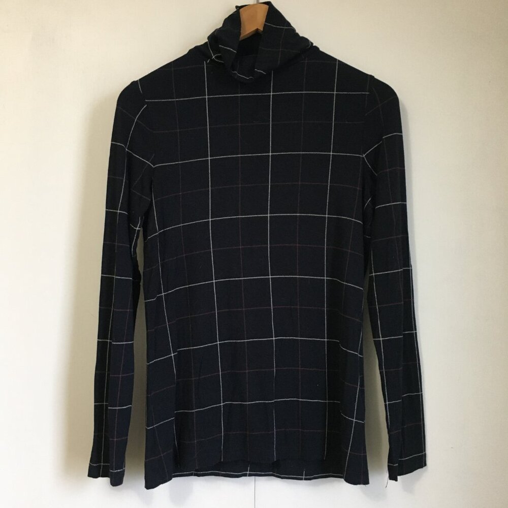 Dark Academia Black Red White Plaid Mock Neck Viscose Long Sleeve Top - XS